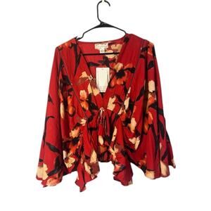 Band of the Free Women’s Red Floral Bohemian Tropical Big Sleeve Blouse Size Med
